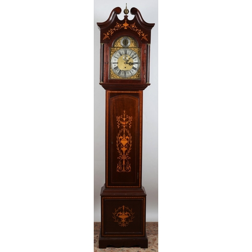 185 - A FINE 19TH CENTURY MAHOGANY AND MARQUETRY LONG CASED CLOCK the architectural pediment above a silve... 