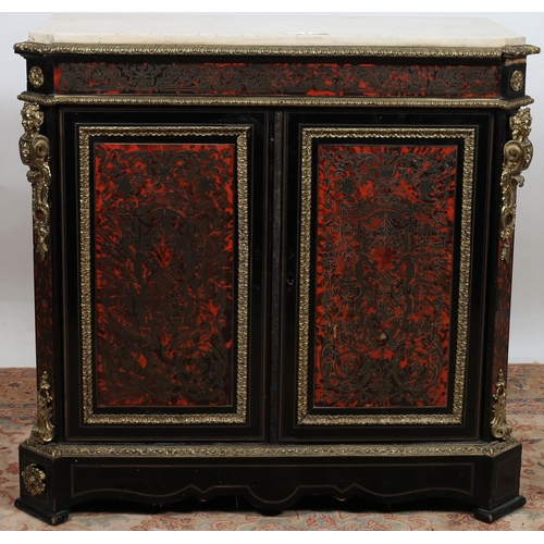 188 - A 19TH CENTURY EBONISED BRASS INLAID AND SCARLET TORTOISESHELL  SIDE CABINET of rectangular outline ... 