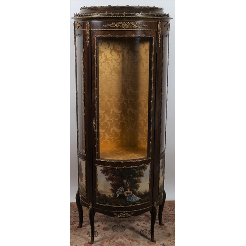 203 - A CONTINENTAL KINGWOOD GILT BRASS MOUNTED AND PAINTED DISPLAY CABINET of demi lune outline the cavet... 