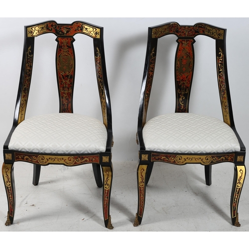 361 - A PAIR OF CONTINENTAL BLACK LACQUERED RED BOULLE-WORK SIDE CHAIRS each with a curved top rail and ve... 