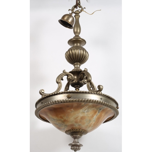 411 - A VINTAGE BRASS TOPAZ AND OPALINE GLASS CENTRE LIGHT the lobed and baluster column issuing three scr... 