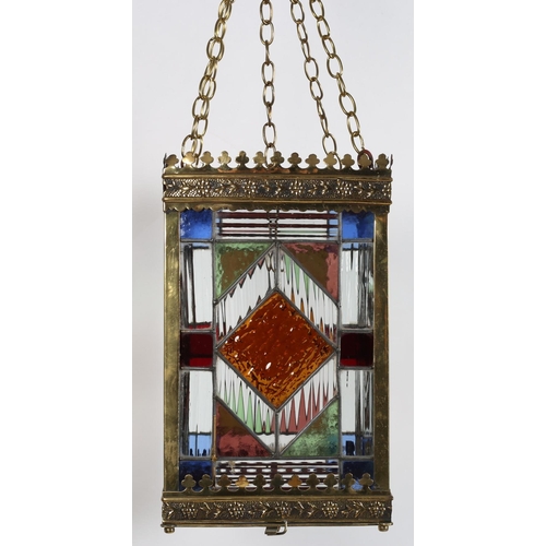 412 - A 19TH CENTURY VINTAGE BRASS LEAD GLASS, CLEAR GLASS AND COLOURED GLASS LANTERN FRAME with link chai... 