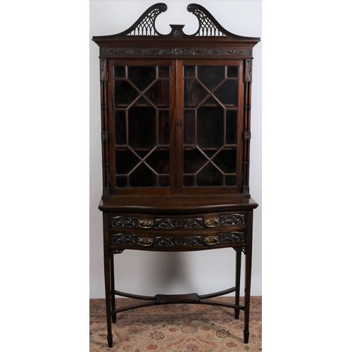 435 - A HEPPLEWHITE DESIGN CARVED MAHOGANY DISPLAY CABINET with pierced swan neck pediment and carved frie... 