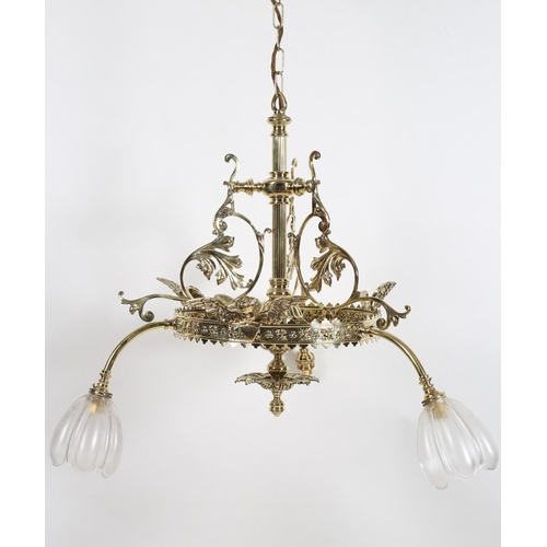 788 - A 19TH CENTURY BRASS THREE BRANCH CHANDELIER the reeded central column with pierced foliate decorati... 