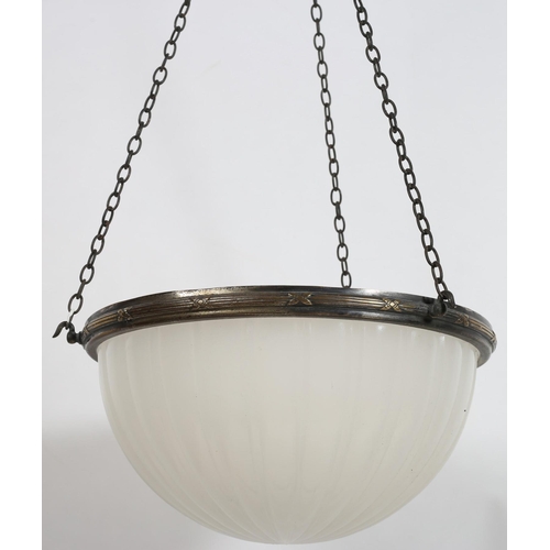 791 - A VINTAGE BRASS AND OPALINE GLASS CENTRE LIGHT of dish form with reeded and strapwork circlet with l... 