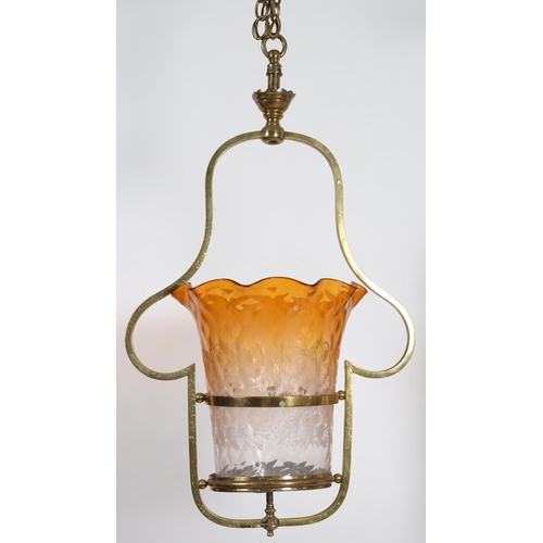 789 - A 19TH CENTURY BRASS CENTRE LIGHT the tubular shaped arms containing a coloured glass clear etched g... 