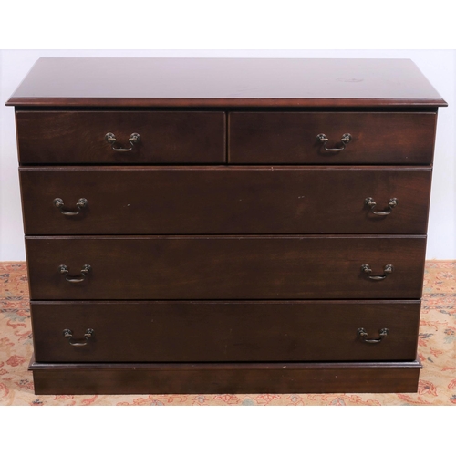 762 - A MAHOGANY CHEST of rectangular outline the shaped top above two short and three long drawers with b... 