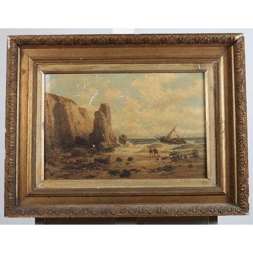 773 - ENGLISH SCHOOL, 19TH CENTURY 
Coastal Scene with Shipwreck and Figures
Oil on canvas 
Indistinctly s... 