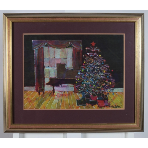 775 - BERNADETTE MADDEN 
Interior Scene with Christmas Tree and Grand Piano 
Batik painting
Signed lower r... 