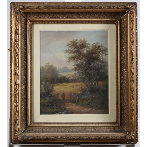 715 - ENGLISH SCHOOL, LATE 19TH CENTURY
Landscape with Figures in a Field
Indistinctly signed lower left 
... 