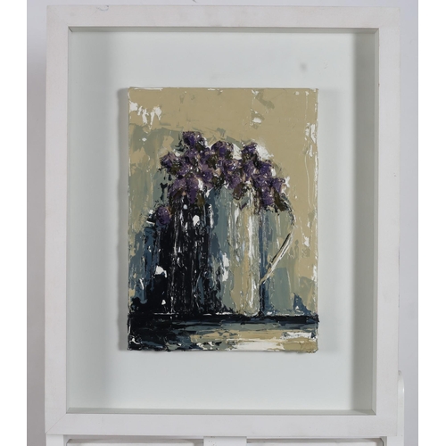 723 - YVONNE MOORE (b. 1969)
Purple Flowers
Oil on board
Monogrammed lower right
36cm (h) x 26cm (w)