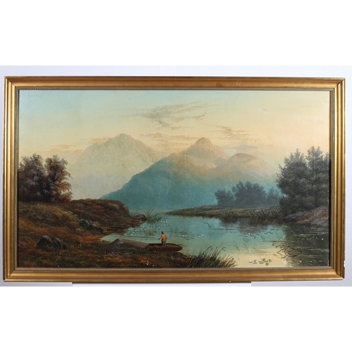 699 - VALENTINE DELAWARR 1852 - 1918, ENGLISH SCHOOL,  
A Lake Scene with Figure fishing in a punt
Oil on ... 