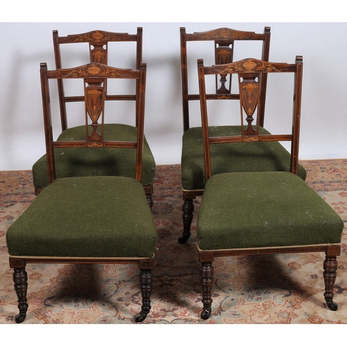 707 - A SET OF FOUR EDWARDIAN ROSEWOOD AND SATINWOOD INALID NURSING CHAIRS each with a shaped top rail and... 