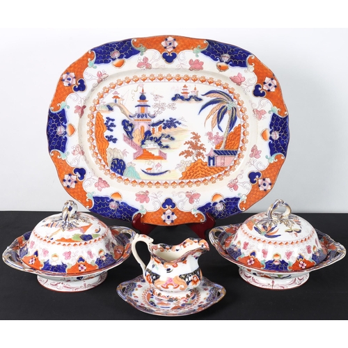 102 - A PAIR OF IRONSTONE LIDDED TERRINES together with a soup terrine on stand and an oval meat platter t... 