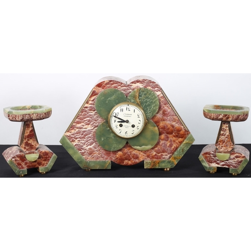 106 - A VINTAGE THREE PIECE TWO COLOURED MARBLE CLOCK GARNITURE the shaped case with painted dial inscribe... 