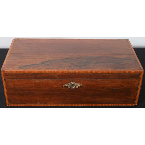 107 - A 19TH CENTURY ROSEWOOD AND SATINWOOD CROSSBANDED WRITING BOX the rectangular hinged top with a writ... 