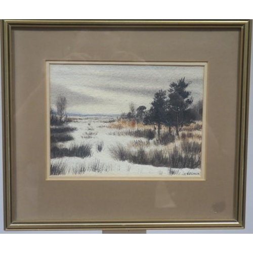 132 - JAMES FLACK BOG LAND IN WINTER, a watercolour, 15cm (h) x 27cm (w)