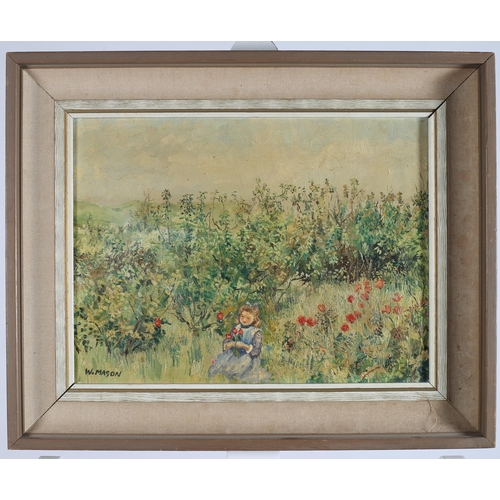 149 - W. MASON 
Poppy Field with Young Girl Shown Kneeling 
Oil on canvas 
Signed lower left 
30cm (h) x 3... 