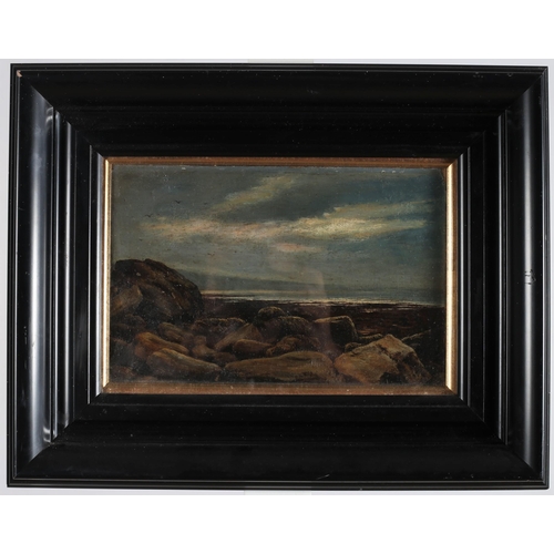 150 - A. HARVEY MOORE 
A Rocky Coastal Scene
Oil on board 
Signed lower left
20cm (h) x 28cm (w)