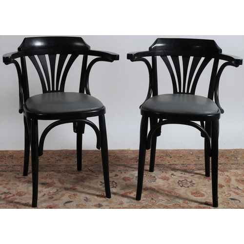 183 - A PAIR OF BENTWOOD ELBOW CHAIRS each with a curved back and pierced vertical splat with upholstered ... 