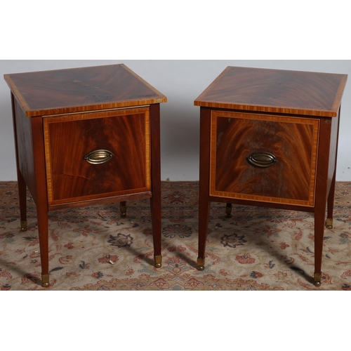 184 - A PAIR OF SHERATON DESIGN MAHOGANY AND SATINWOOD CROSSBANDED PEDESTALS each of rectangular outline t... 