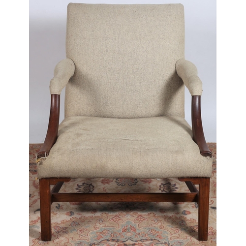 196 - A 19TH CENTURY MAHOGANY AND UPHOLSTERED GAINSBOROUGH DESIGN ARMCHAIR the rectangular upholstered bac... 