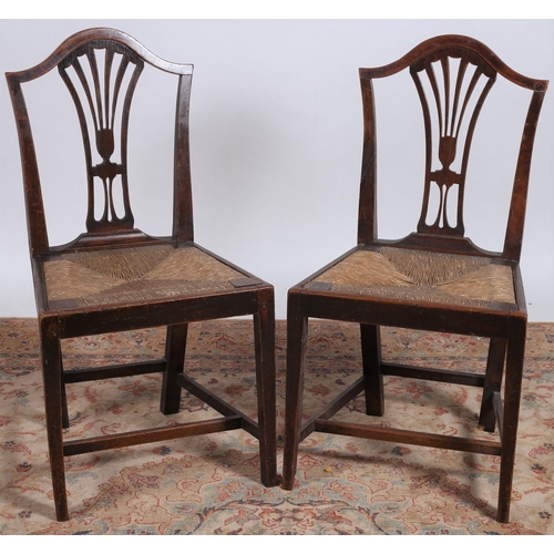 213 - A PAIR OF VINTAGE OAK SIDE CHAIRS each with an arched top rail with pierced vertical splats and cane... 