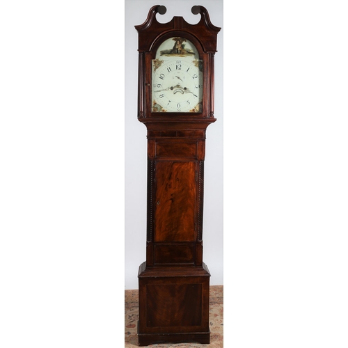 216 - A 19TH CENTURY MAHOGANY AND SATINWOOD INLAID LONG CASE CLOCK the swan neck hood above a rectangular ... 