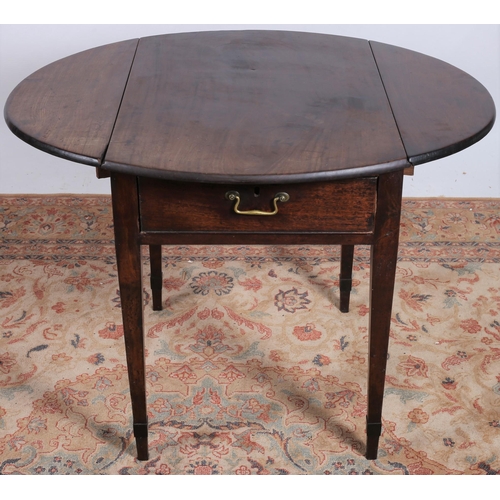 249 - A GEORGIAN MAHOGANY DROP LEAF TABLE the oval hinged top with frieze drawer on square tapering legs 
... 