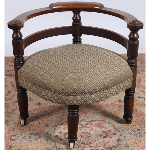 250 - A 19TH CENTURY MAHOGANY TUB SHAPED CHAIR the shaped top rail and splat above an upholstered seat on ... 