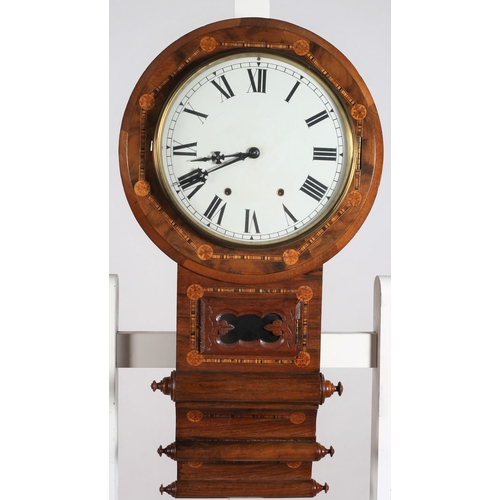 256 - A 19TH CENTURY WALNUT INLAID CASE TRIPLE SCROLL END DROP DIAL WALL CLOCK the circular white dial wit... 