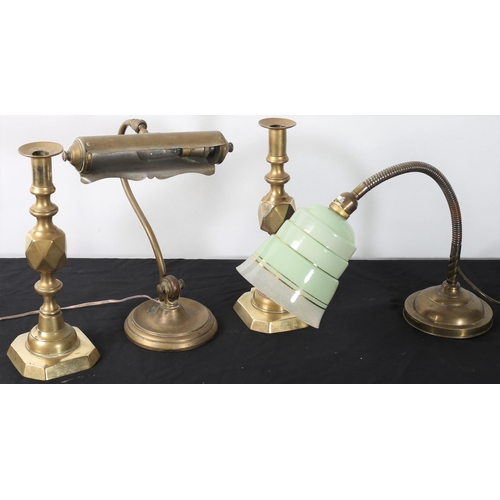 264 - A PAIR OF VINTAGE BRASS CANDLESTICKS together with A VINTAGE BRASS DESK LAMP with adjustable arm and... 