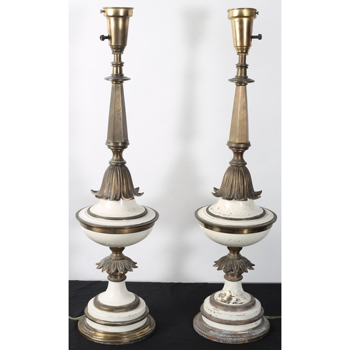 268 - A PAIR OF CONTINENTAL GILT BRASS AND TOLEWARE TABLE LAMPS each with a knopped foliate column with di... 