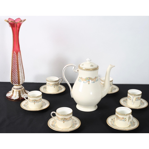 274 - A THIRTEEN PIECE AYNSLEY CHINA COFFEE SET Henley Pattern together with a ruby gilt stemmed vase, etc... 