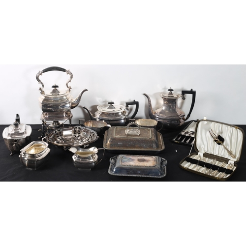 275 - A COLLECTION OF PLATED WARE to include a spirit kettle on stand, a four piece tea and coffee service... 