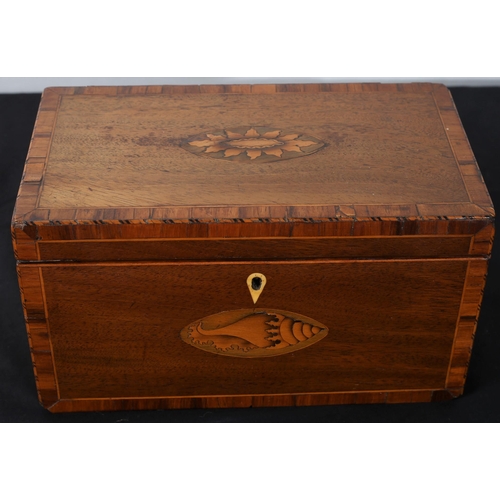 279 - A 19TH CENTURY MAHOGANY AND SATINWOOD CROSSBANDED TEA CADDY of rectangular form the hinged lid with ... 