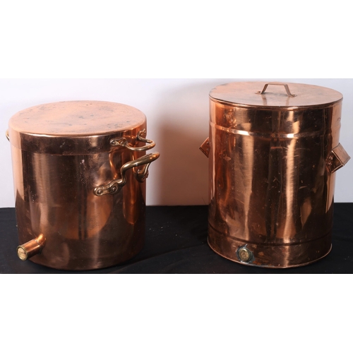 288 - A 19TH CENTURY COPPER LIDDED SAUCEPAN with scroll handles and bung plug 
35cm (h) x 40cm (d) 
togeth... 