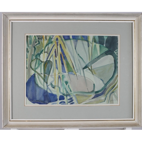 337 - OLIVE HENRY
Riviera by a Lake
Watercolour
Signed lower right
Bears label verso 
29cm (h) x 37cm (w)