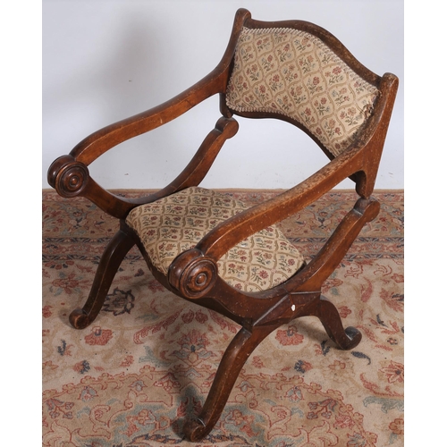 34 - A 19TH CENTURY MAHOGANY AND UPHOLSTERED FOLDING PRIE-DIEU CHAIR
