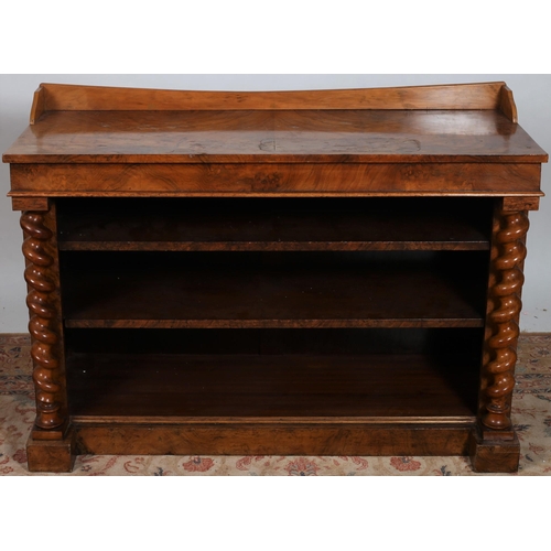 350 - A 19TH CENTURY WALNUT OPEN FRONT BOOKSHELF of rectangular outline the shaped top with moulded three ... 