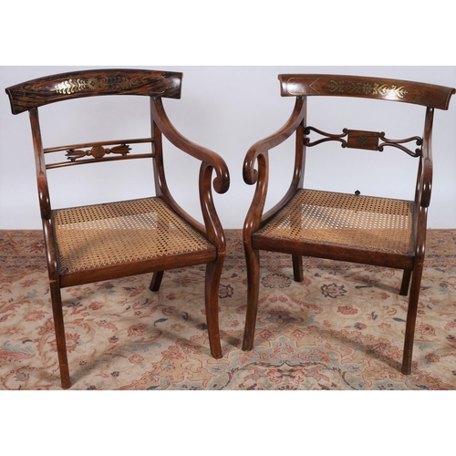 422 - TWO REGENCY AND ROSEWOOD BRASS INLAID ELBOW CHAIRS each with a curved top rail and tablet splat with... 