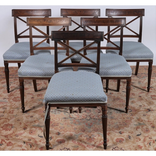 423 - SIX GEORGIAN MAHOGANY DINING CHAIRS each with a curved top rail and an X-shaped splat with upholster... 