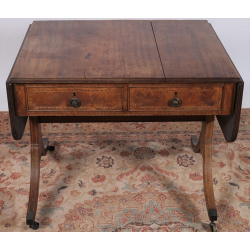 427 - A GEORGIAN MAHOGANY SOFA TABLE the rectangular hinged top with two frieze drawers and opposing mock ... 