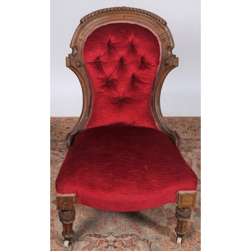 438 - AN EDWARDIAN MAHOGANY AND UPHOLSTERED LADY'S CHAIR the gadrooned top rail with buttoned upholstered ... 