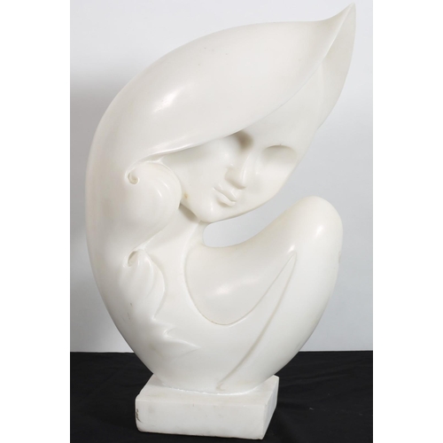 468 - A WHITE STATUARY MARBLE MODERNIST BUST OF A FEMALE raised on a rectangular base 
50cm (h) x 33cm (w)