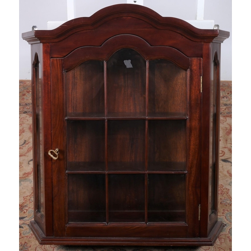 485 - A PAIR OF MAHOGANY WALL MOUNTED CABINETS each of rectangular shaped form the domed cornice above gla... 