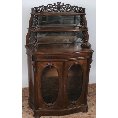 487 - A 19TH CENTURY ROSEWOOD SIDE CABINET the superstructure with two open shelves with mirrored back rai... 