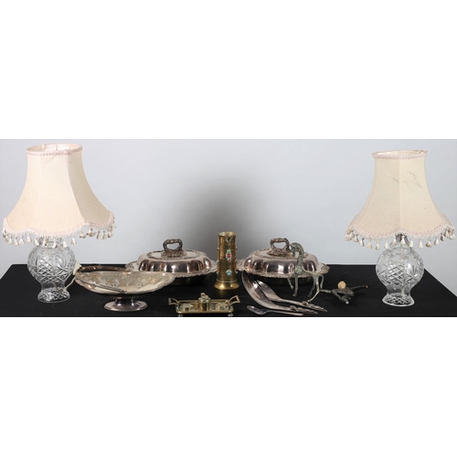 568 - A PAIR OF CUT GLASS TABLE LAMPS each of bulbous form together with A COLLECTION OF PLATED WARE to in... 