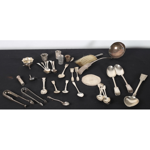 571 - A COLLECTION OF SILVERWARE AND PLATED WARE to include silver sugar nips, spoons, salt, etc.