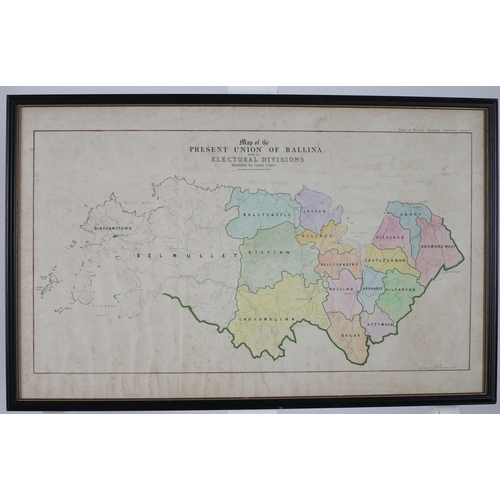 589 - A 19TH CENTURY COLOURED FRAMED MAP of the
Present Union of Ballina with its Electoral Divisions boun... 